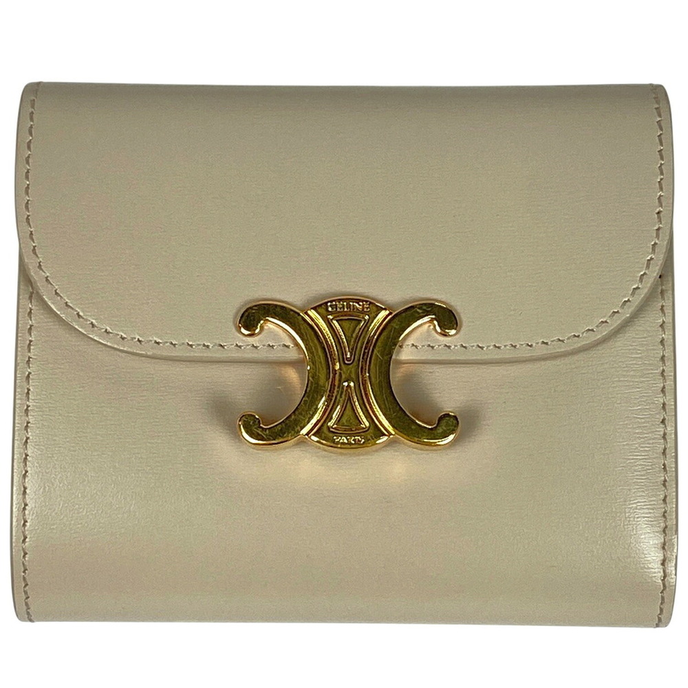 Celine Beige Coin Bill Wallet Flap Leather Trifold Triomphe - Picture 2 of 8